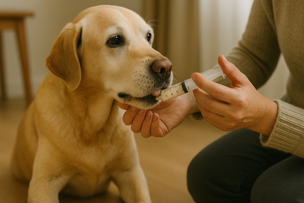 老犬に飼い主がシリンジでゆっくり栄養食を与えている様子を写した横長写真。