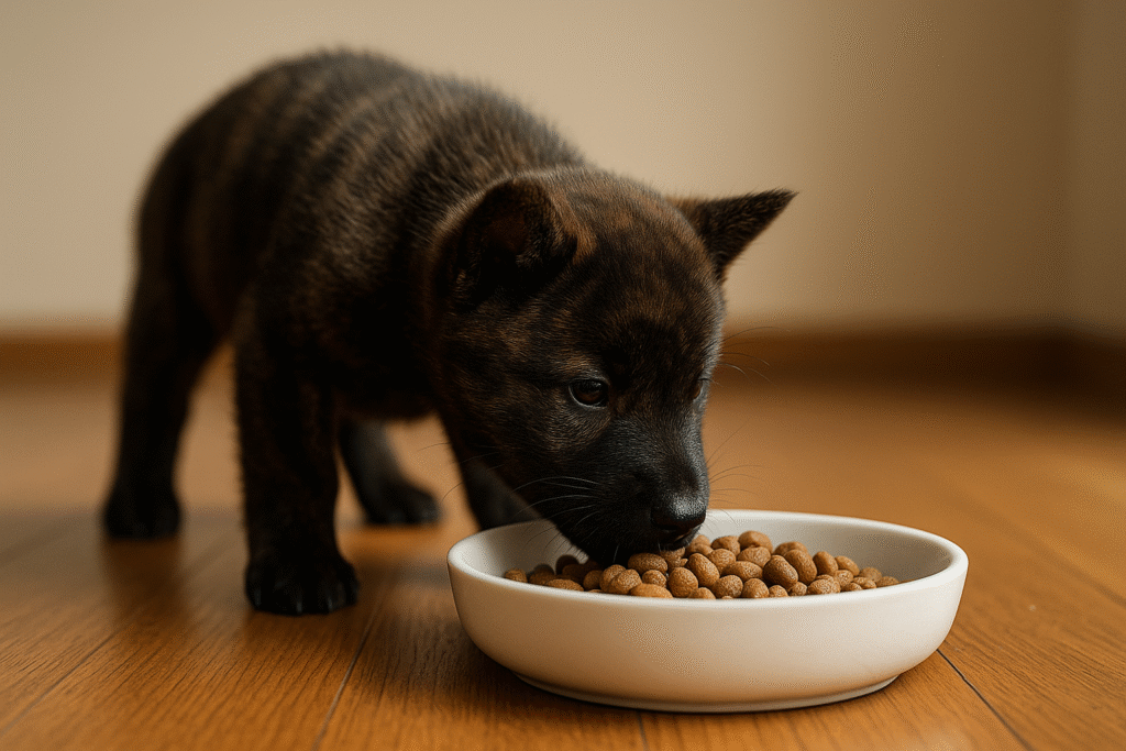 甲斐犬の子犬が白い皿からドッグフードを食べている様子。木の床と柔らかな自然光が温かい雰囲気を演出している。