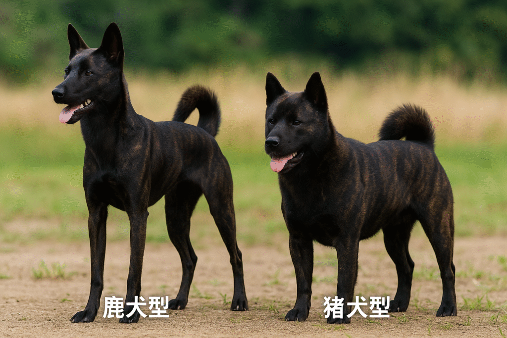 草原で並んで立つ2匹の甲斐犬。左が脚の長い鹿犬型、右が筋肉質でがっしりした猪犬型。背景に森と草地が広がる。