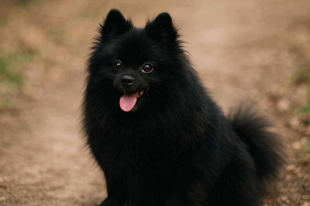 ブラックのポメラニアン。全身が黒く艶のあるふわふわの毛並みが特徴