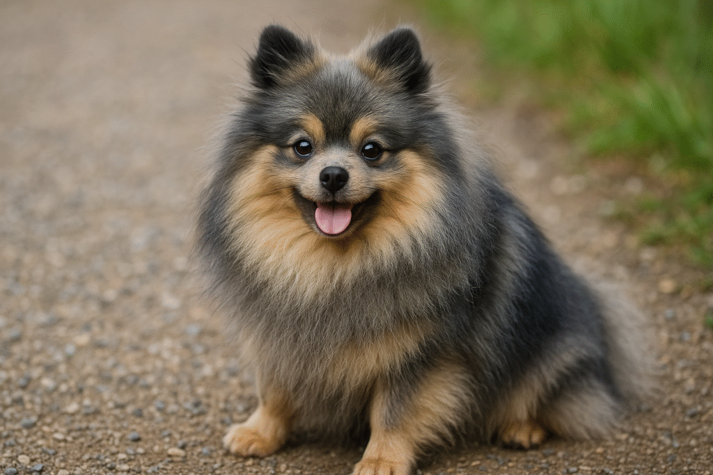 ブルーセーブルのポメラニアン。淡いベージュにブルーグレーの毛先が混ざるグラデーションカラー