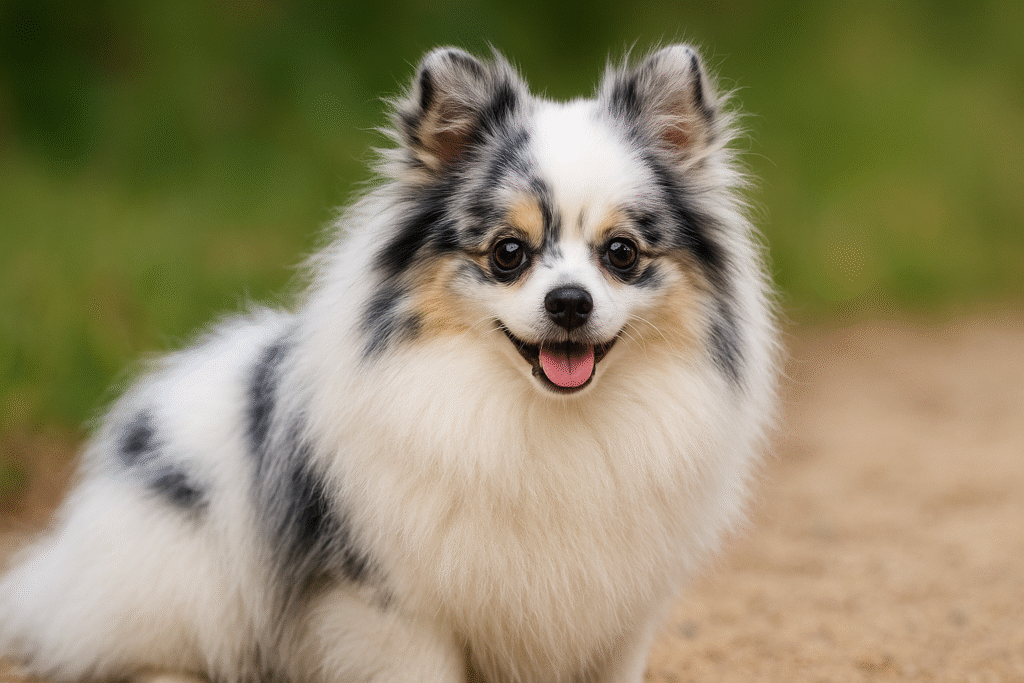 ブルーマールホワイトのポメラニアン。ホワイトを基調にブルーグレーのマーブル模様が入る希少色