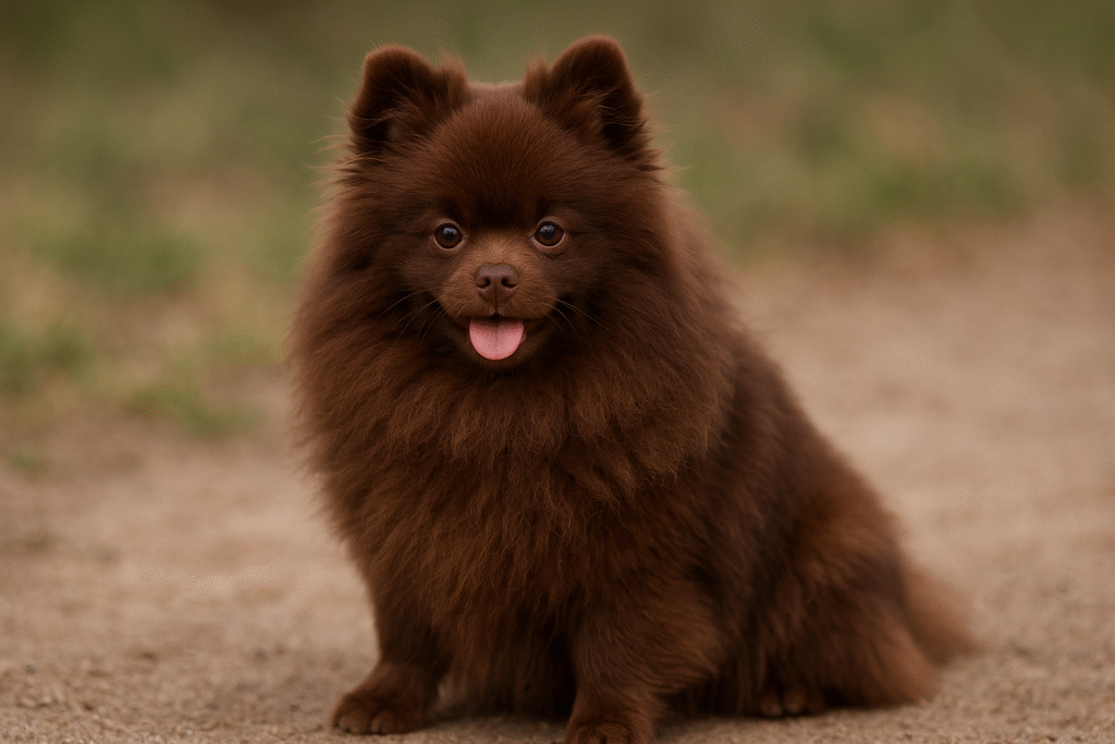 チョコレート色のポメラニアン。濃いブラウンの毛色でぬいぐるみのような印象