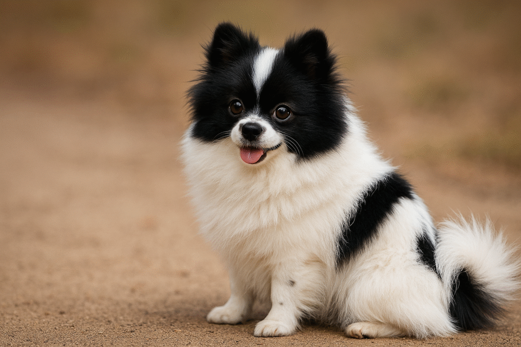 パーティーカラーのポメラニアン。白を基調に黒や茶の模様が入った個性的な毛色