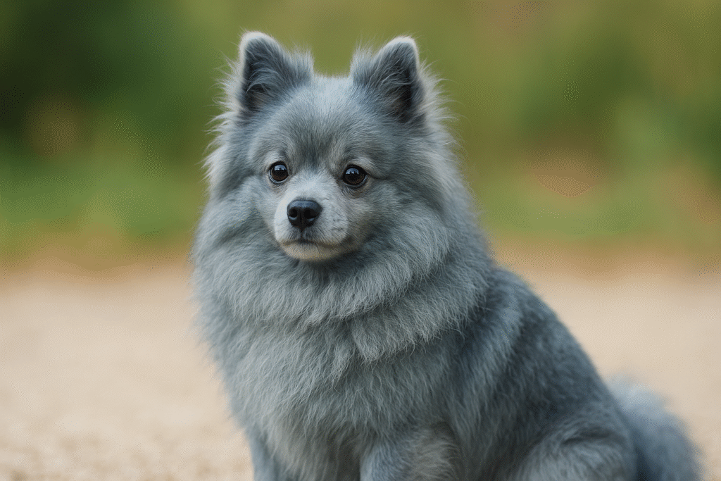 ブルーのポメラニアン。青みがかったグレーの毛並みが光を受けて美しく輝く