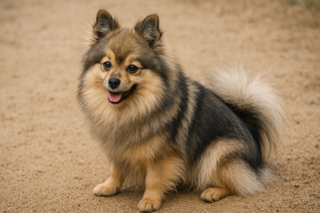 ウルフセーブルのポメラニアン。クリームを基調に毛先が黒くグラデーション状の被毛