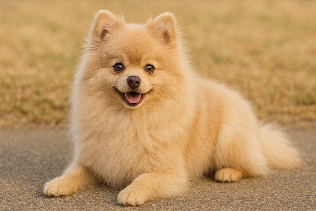 ビーバーカラーのポメラニアン。薄いベージュ系の柔らかい色味で上品な印象