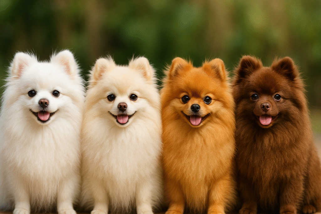 ホワイト・クリーム・オレンジ・ブラウンの4匹のポメラニアンが並ぶ。毛色の違いがひと目で分かる
