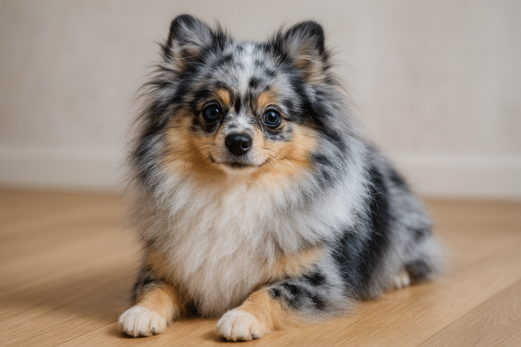 ブルーマールのポメラニアン。グレー地に黒や白のマーブル模様が入った希少カラー