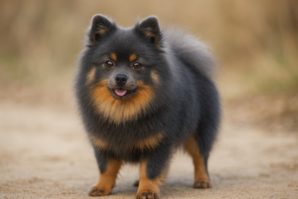 ブルータンのポメラニアン。青みがかったグレーの毛に淡いタンが入る上品な色合い