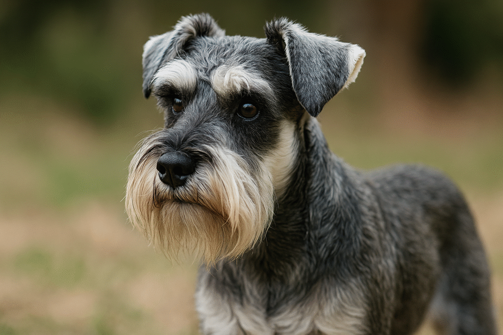 ソルト&ペッパーの毛色をしたミニチュアシュナウザー。グレーと白が混ざった被毛と立派なひげが特徴。屋外で撮影された横長写真。