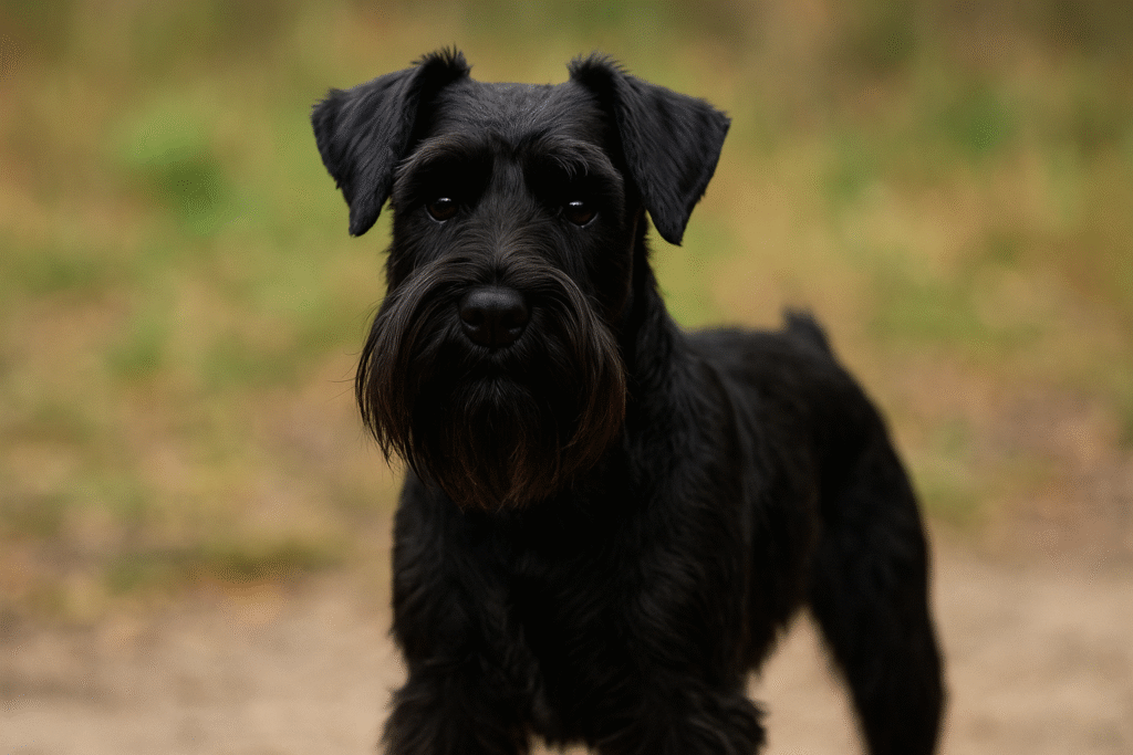 全身が真っ黒な毛色のミニチュアシュナウザー。深い黒の被毛とつややかな質感が特徴で、自然光の中でこちらを見つめている