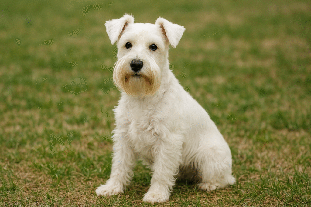 全身が真っ白なミニチュアシュナウザー。柔らかい毛並みと丸い瞳が特徴で、芝生の上におすわりしている。