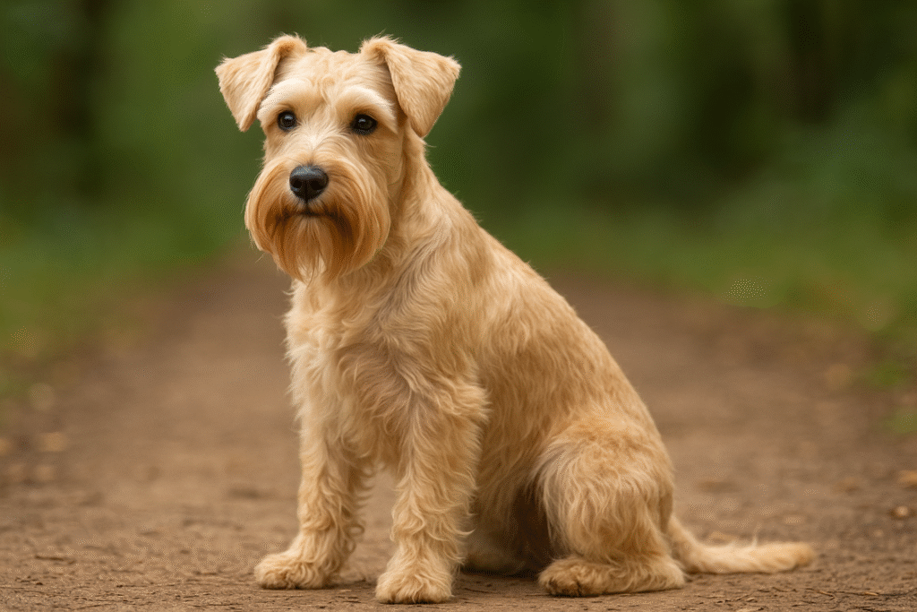 ベージュ色のウィートンカラーをしたミニチュアシュナウザー。ミルクティーのような優しい色合いの毛並みで、森林の小道に座っている。