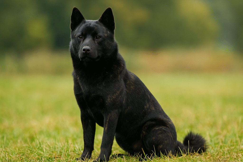 草原に座る甲斐犬の黒虎毛。黒を基調に赤茶の縞がうっすら浮かぶ精悍な表情の成犬。
