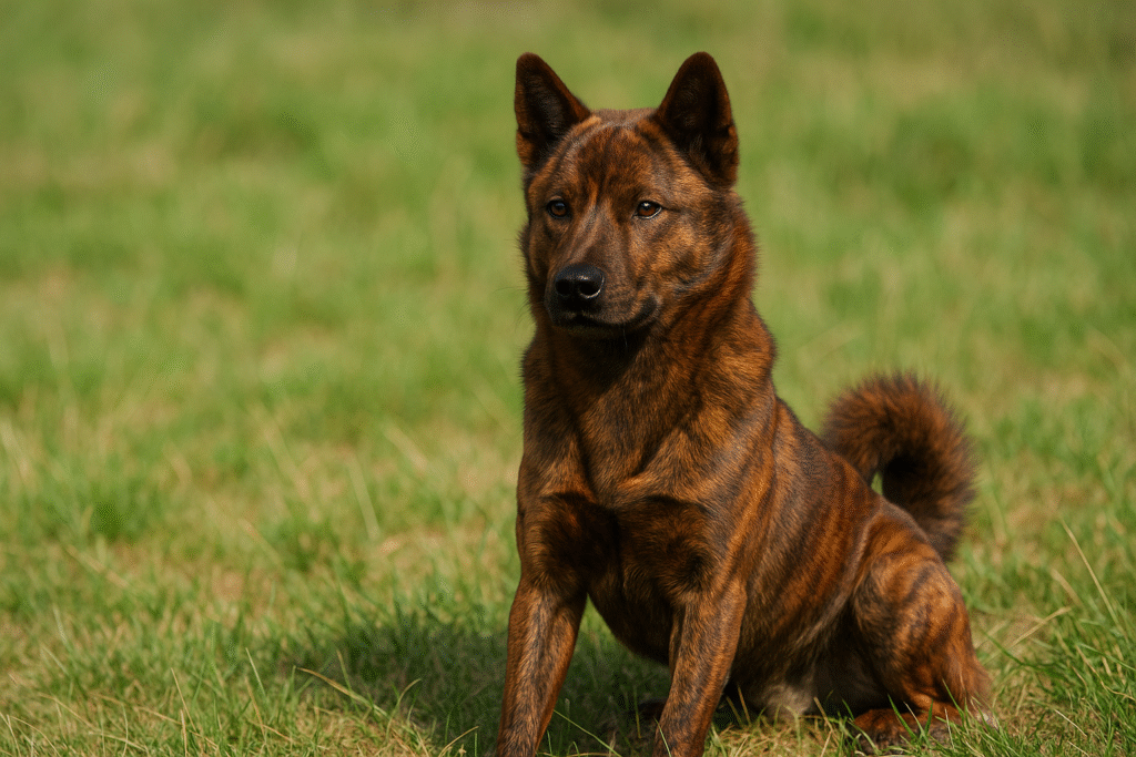 草原に座る甲斐犬の赤虎毛。赤褐色の毛並みに黒い縞模様が入り、柔らかな陽射しを浴びた穏やかな表情の成犬。