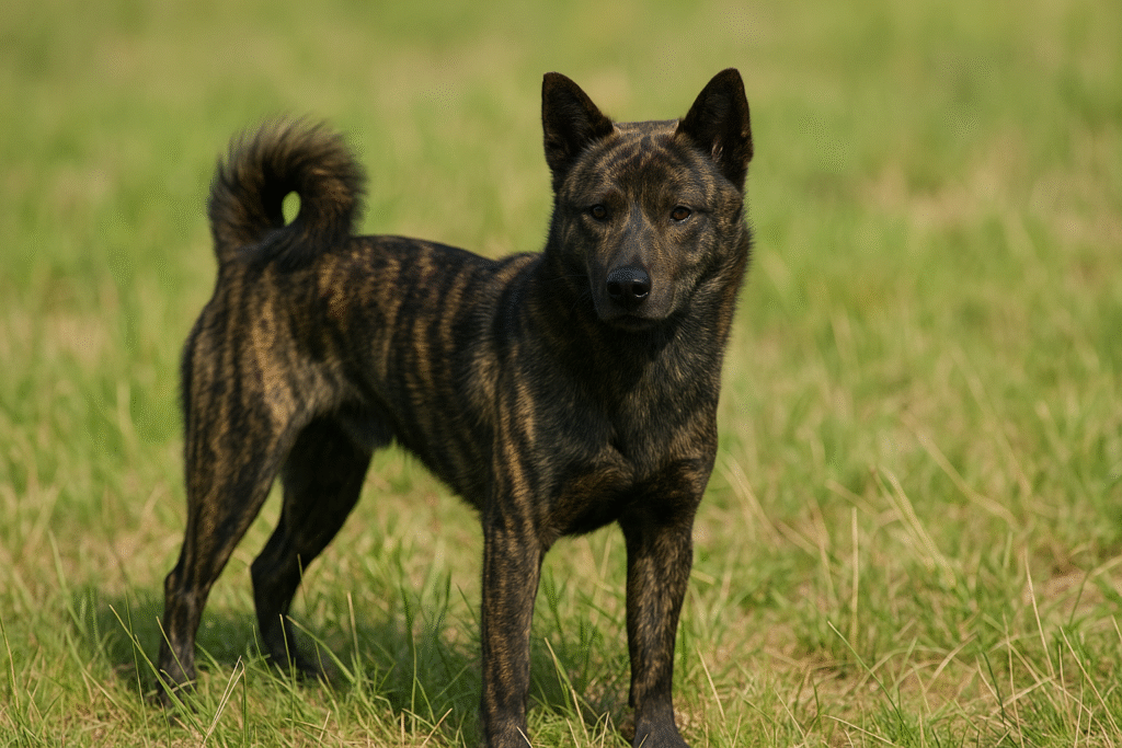 草原に立つ甲斐犬の虎毛。黒と赤褐色が均等に混じった美しい縞模様で、陽射しを受けて輝く成犬の姿。