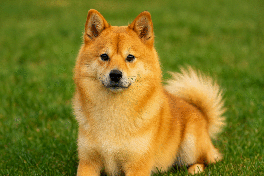 芝生の上で座るポメ柴(柴犬とポメラニアンのミックス)。柴犬の顔立ちとポメラニアンのふわふわした毛並みを持つ可愛らしい小型犬。