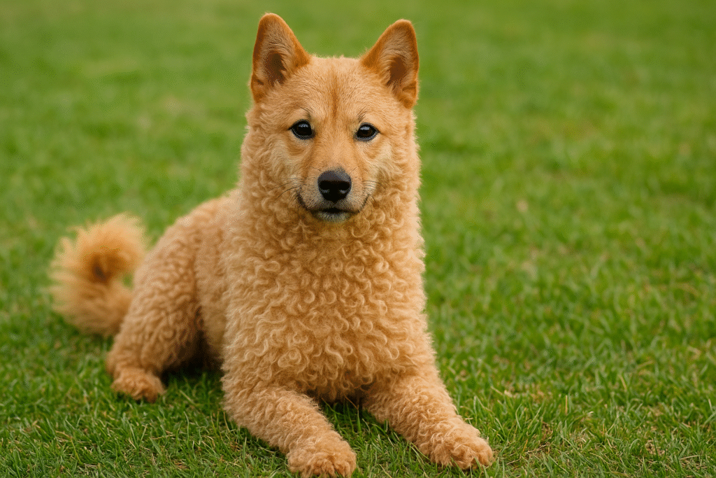 芝生の上に座る柴プー(柴犬とトイプードルのミックス)。柴犬の顔立ちとトイプードルのカールした毛並みを併せ持つ可愛らしい中型犬。
