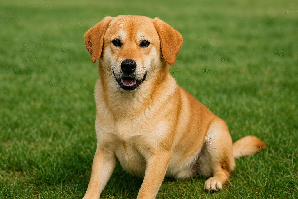 芝生の上に座る柴リバー(柴犬とレトリバーのミックス)。柴犬の顔立ちを残しつつ垂れ耳になった穏やかな表情の中型犬。
