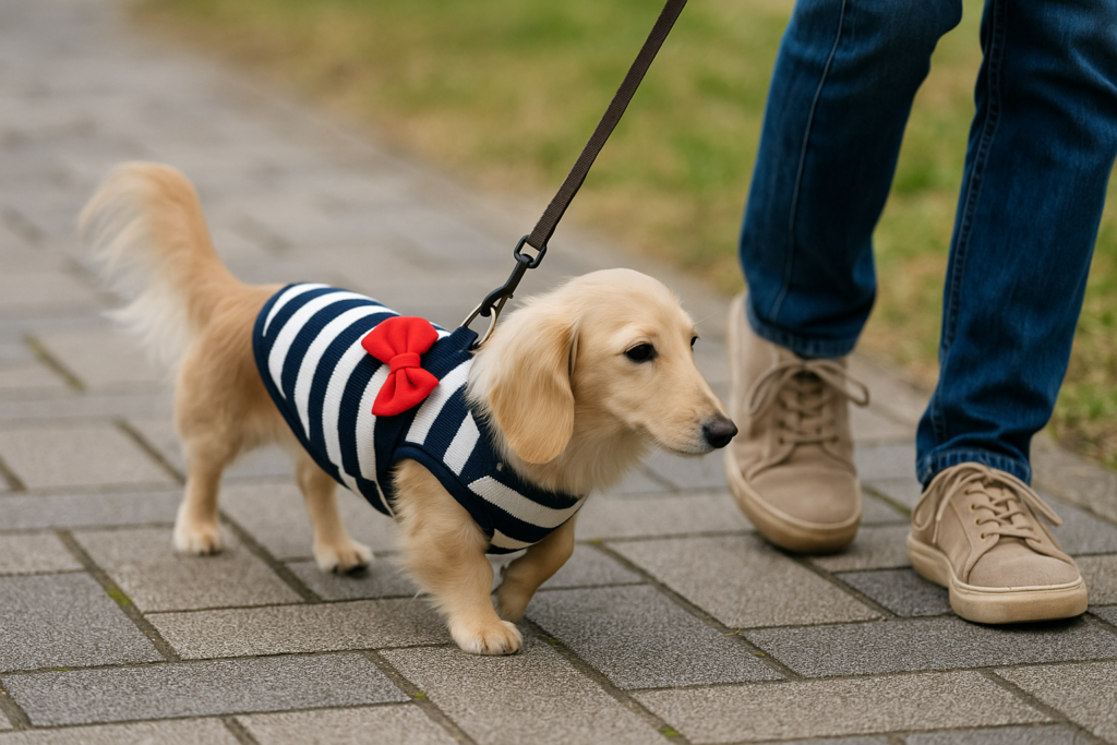 犬が服の下にハーネスを装着し、背中の穴からリードだけを出して散歩している様子