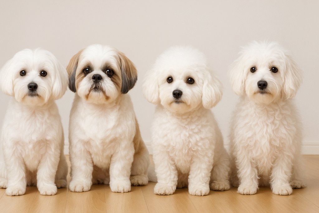 左からマルチーズ 、シーズー、ビション・フリーゼ、ボロニーズが並んで座る様子。白くふわふわした小型犬の毛質や顔立ちの違いが分かる。