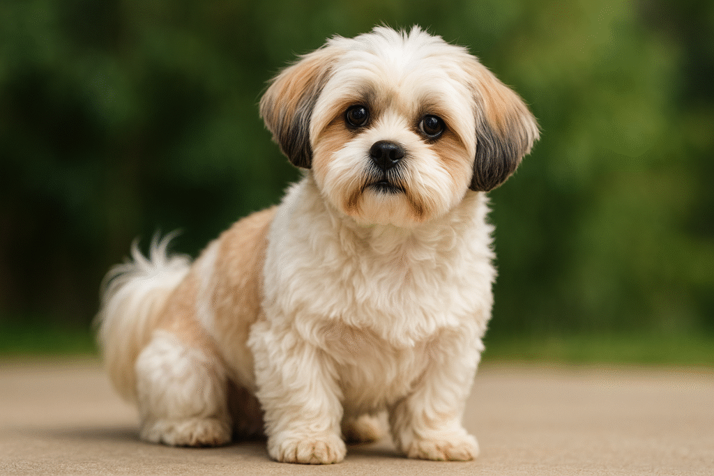 マルシー（マルチーズとシーズーのミックス犬）が穏やかな表情で座っている。白とベージュの毛並みが特徴の小型犬）