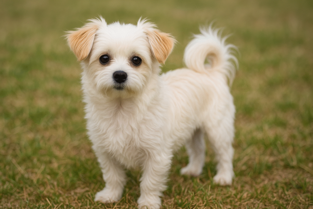マルチチ（マルチーズとチワワのミックス犬）が立ってこちらを見つめている。白い毛に立ち耳が特徴の小さな犬。