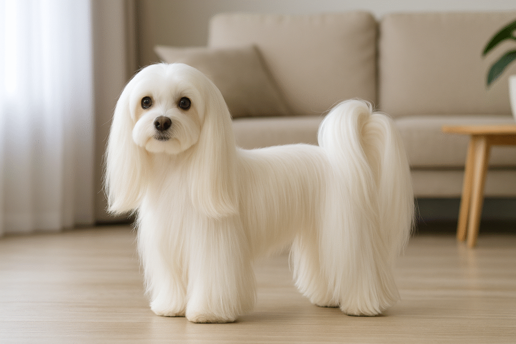 耳やしっぽを長めに残し、上品に整えられたマルチーズ。体は短めで毛並みがツヤのあるエレガントカット。