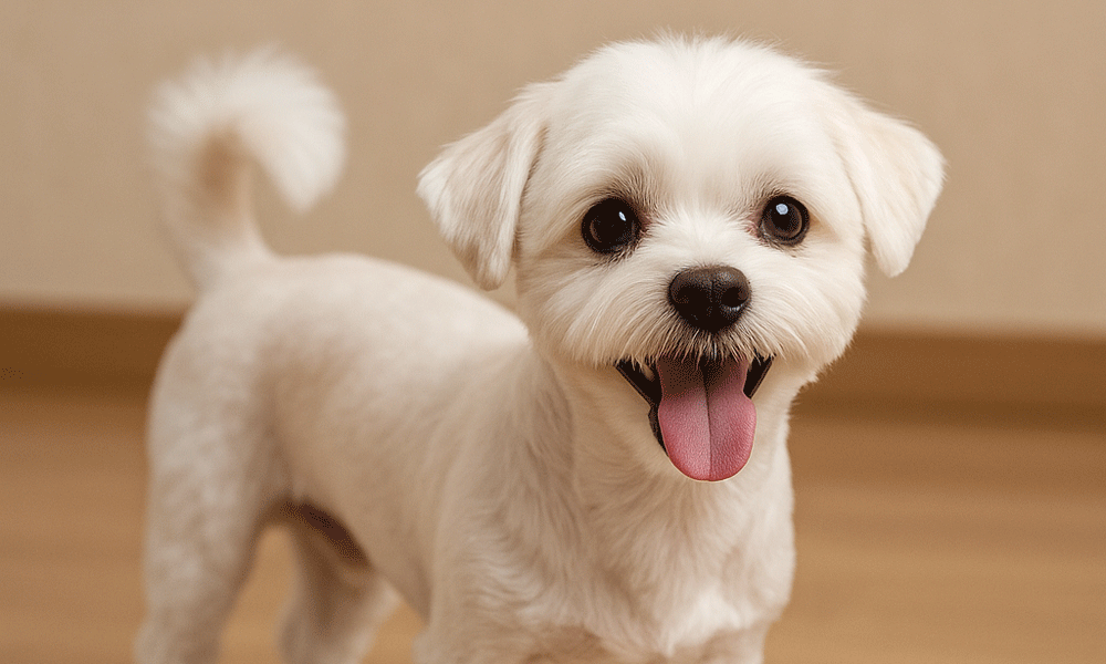 全身を短くスッキリとサマーカットされたマルチーズ。夏にぴったりの清潔感あるスタイル。