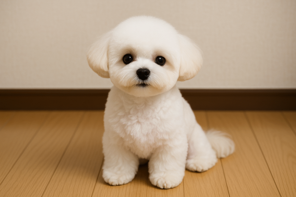 顔を丸く整え、ぬいぐるみのようにふわふわ仕上げられたマルチーズ。愛らしいテディベアカット。