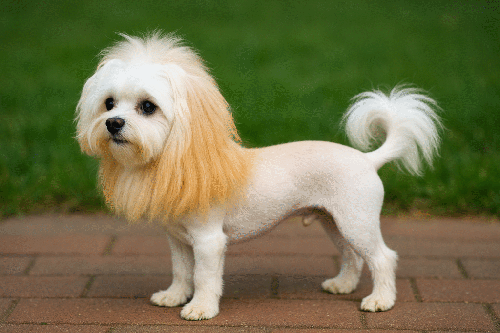 首回りをたてがみのように残し、体を短く整えたマルチーズ。しっぽの先を丸く整えたライオンカット。