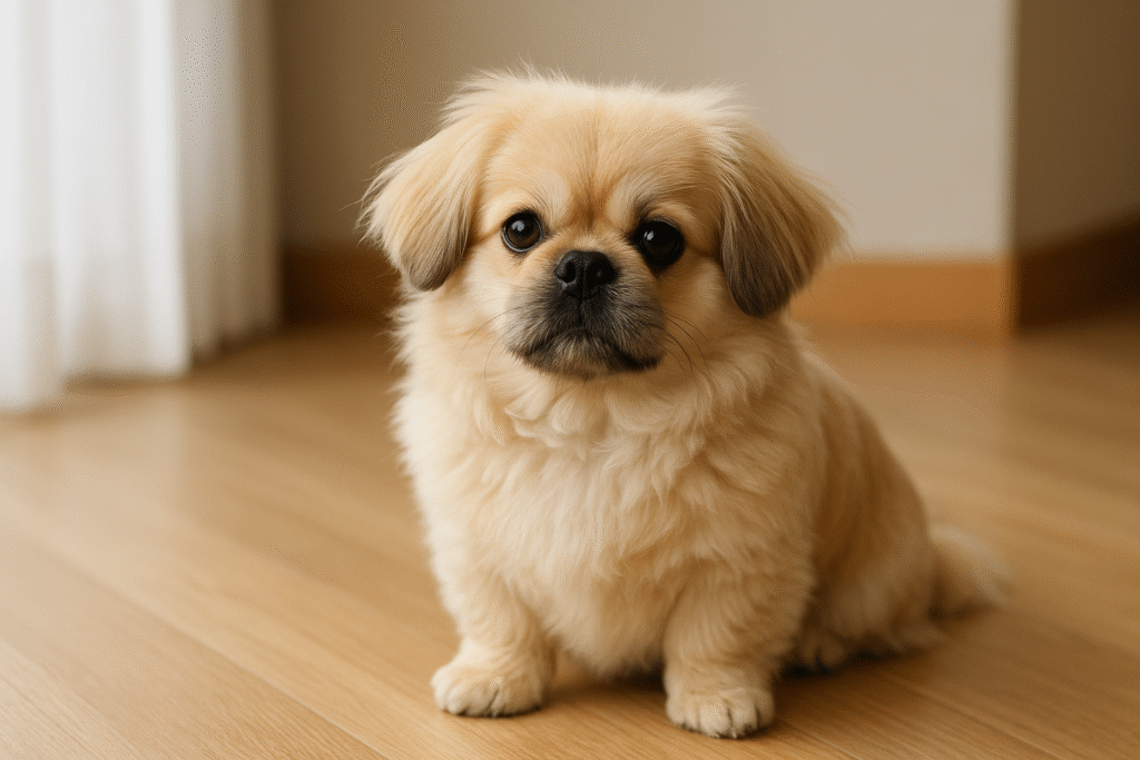 淡いクリーム色のマルペキ（マルチーズとペキニーズのミックス犬）が室内の床に座っている。ふんわりした毛並みと丸い瞳が特徴的。