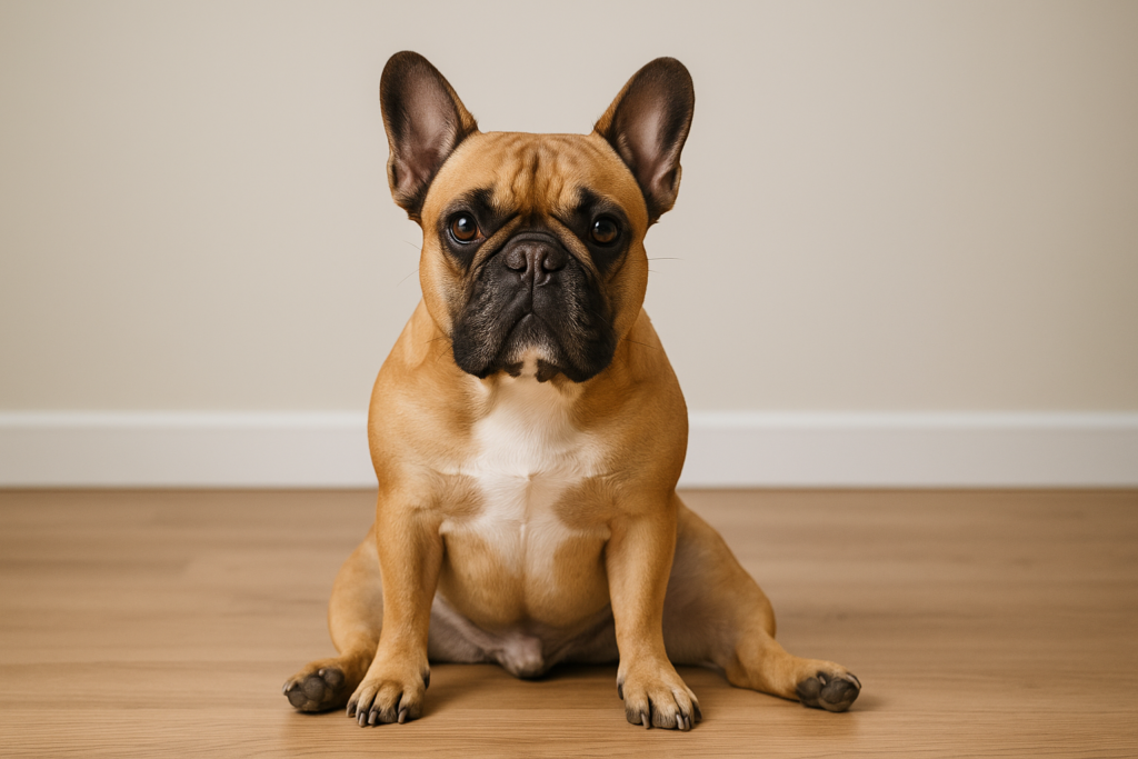 あぐら座りでリラックスしたフレンチブルドッグ