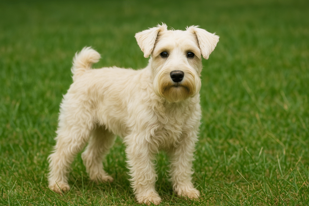 クリーム色のミニチュアシュナウザー。淡いミルクティー色の被毛で、ひげや眉がやや白っぽい。