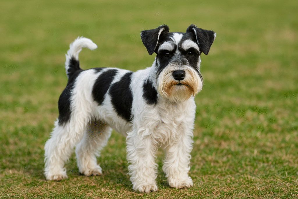 白地に黒や茶の斑模様が入ったパーティカラーのミニチュアシュナウザー。個性的な模様が特徴的。