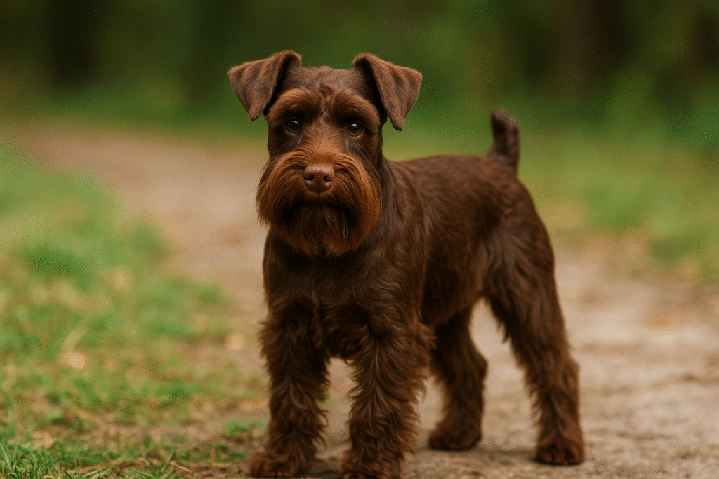 チョコレートブラウンの毛色をしたミニチュアシュナウザー。鼻やひげ、肉球まで茶色系で統一されている。