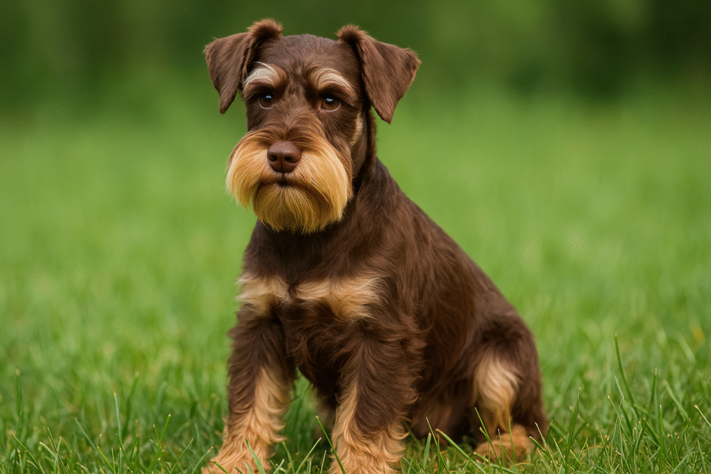 レバー&タンのミニチュアシュナウザー。茶色のボディに眉や胸、脚先に淡いベージュのポイントが入っている。