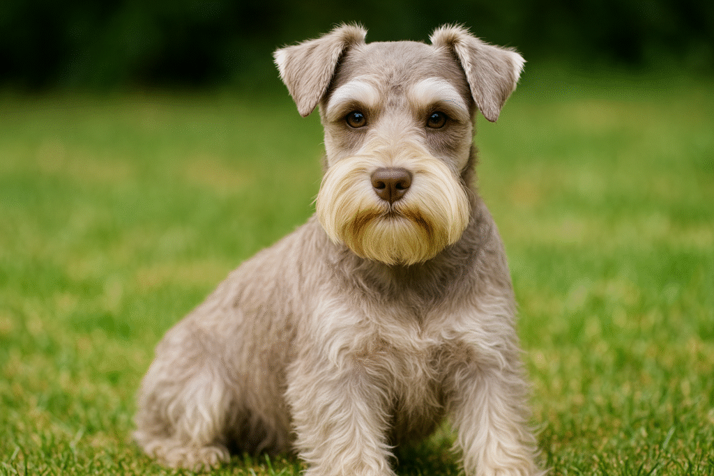 レバーペッパーの毛色をしたミニチュアシュナウザー。カフェオレ色のグラデーションで、眉とひげが白っぽい。