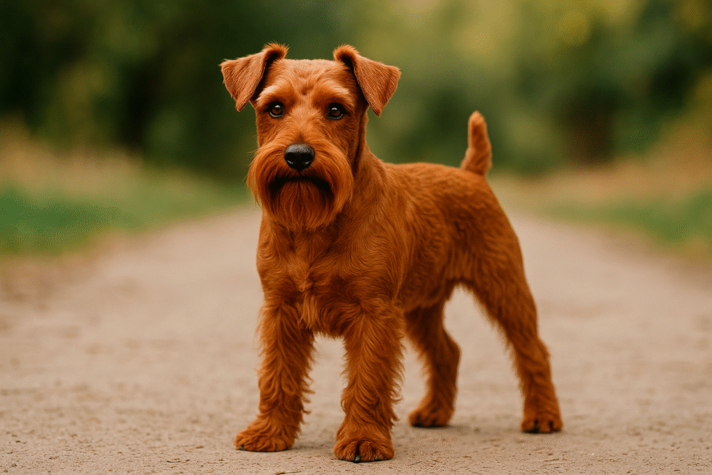 赤褐色の毛色をしたミニチュアシュナウザー。オレンジブラウンの被毛が太陽光に輝いている。