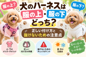 犬のハーネスは服の上・下どっち？正しい付け方と抜けないための注意点